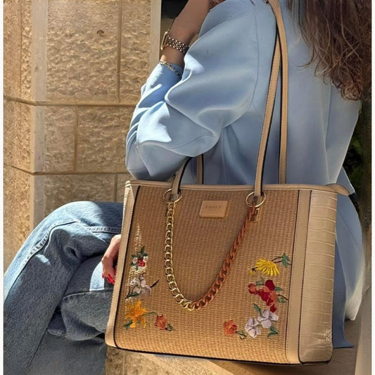 Tan Raffia Embroidered Shoulder Tote Bag