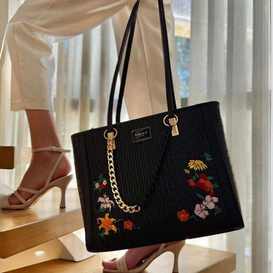 Black Raffia Embroidered Shoulder Tote Bag