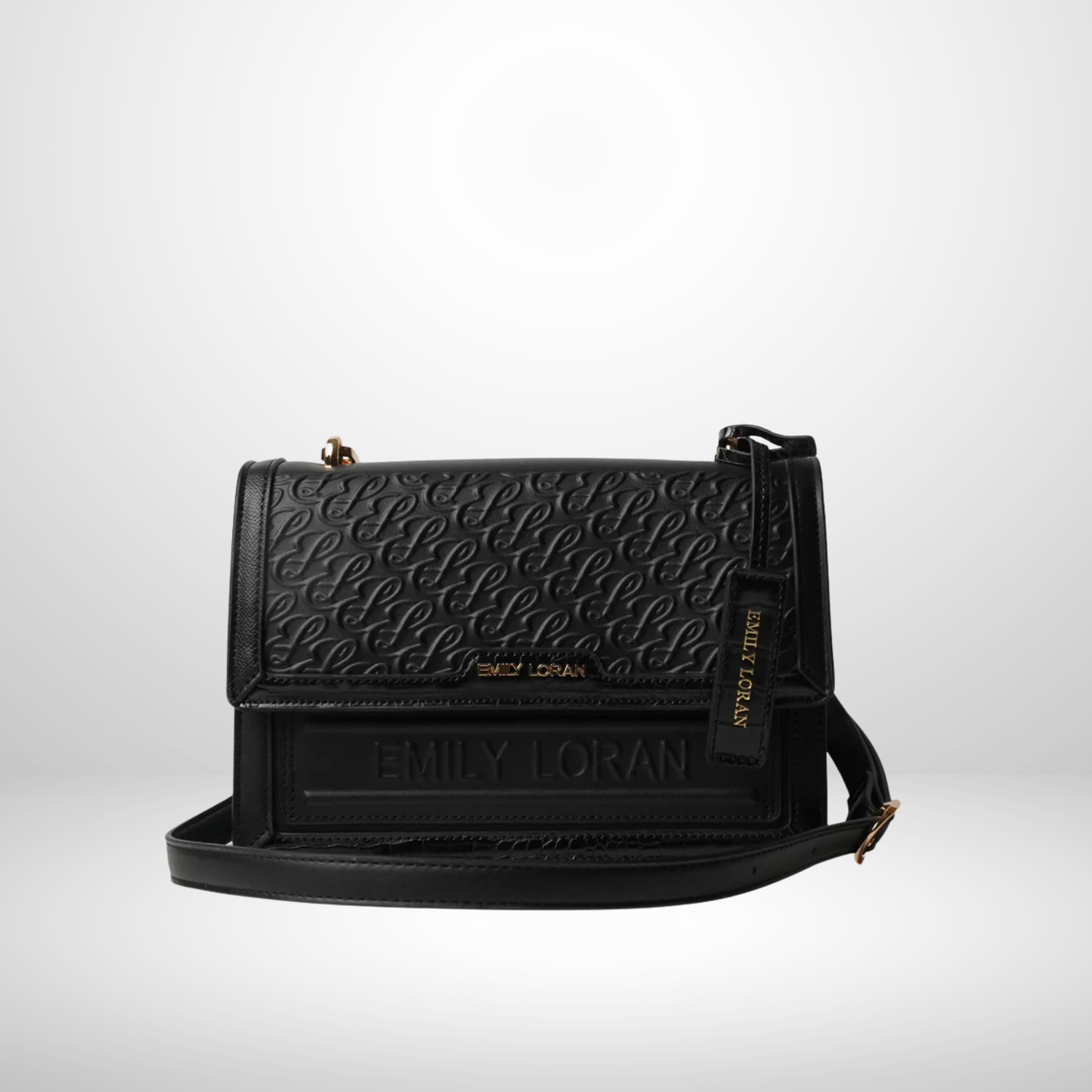 Black embossed handbag with additional strap on a white background