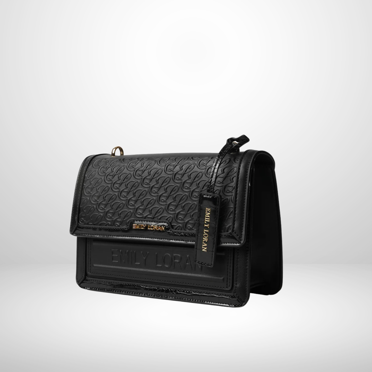 Black embossed handbag with additional strap on a white background