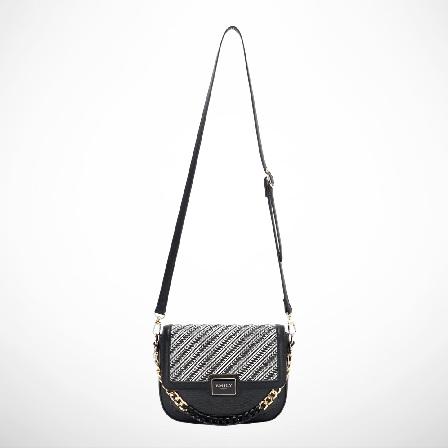 Black Raffia Accented Crossbody Bag with Chain Accent