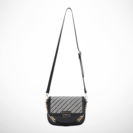 Black Raffia Accented Crossbody Bag with Chain Accent