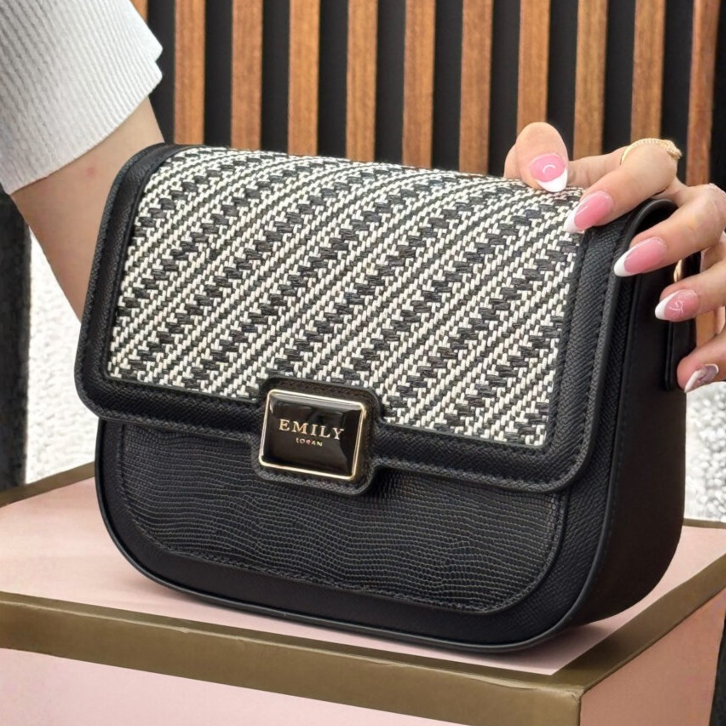 Black Raffia Accented Crossbody Bag with Chain Accent