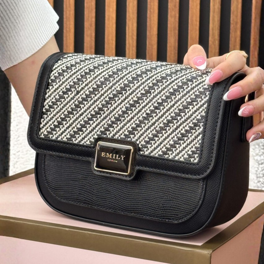 Black Raffia Accented Crossbody Bag with Chain Accent