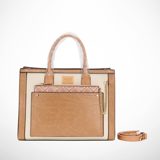 Stylish tote bag in beige & tan with textured leather, gold accents & roomy interior. Dual handles & strap offer hands-free versatility from InStyle Fashion HK.