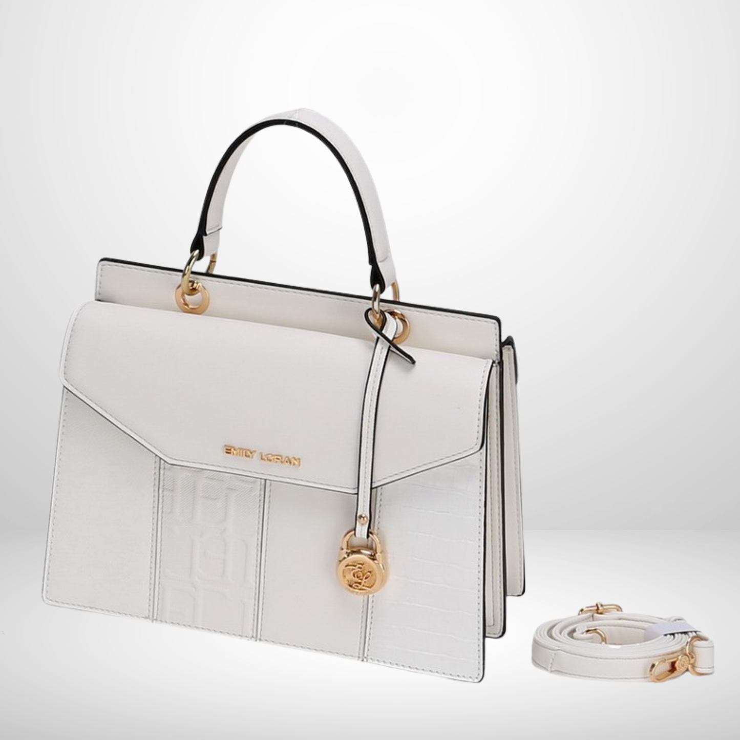 White handbag with gold accents on a light gray background