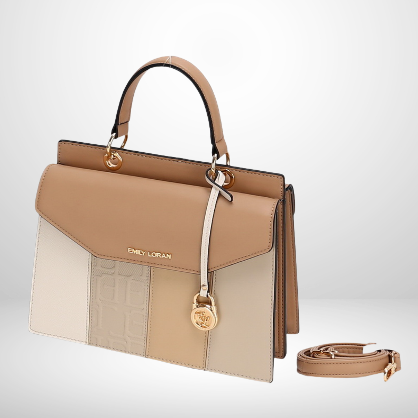 Beige and cream handbag with gold accents on a light gray background
