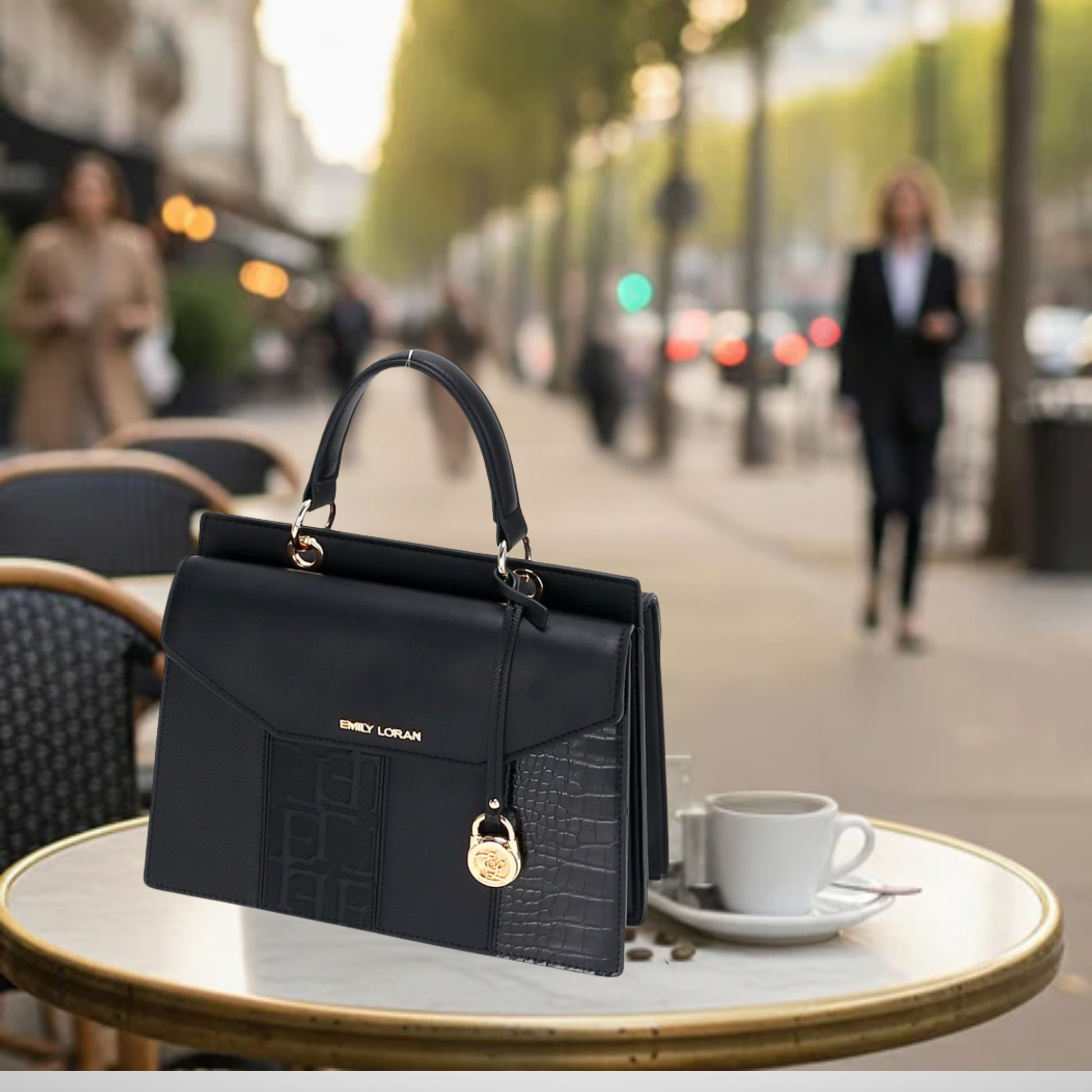 Satchel bag featuring a dual compartment with flaps and magnetic closure, top grab handle,  additional long removable strap.