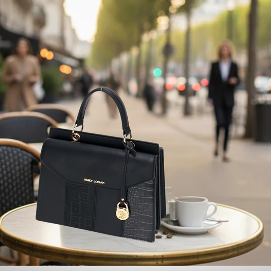 Satchel bag featuring a dual compartment with flaps and magnetic closure, top grab handle,  additional long removable strap.