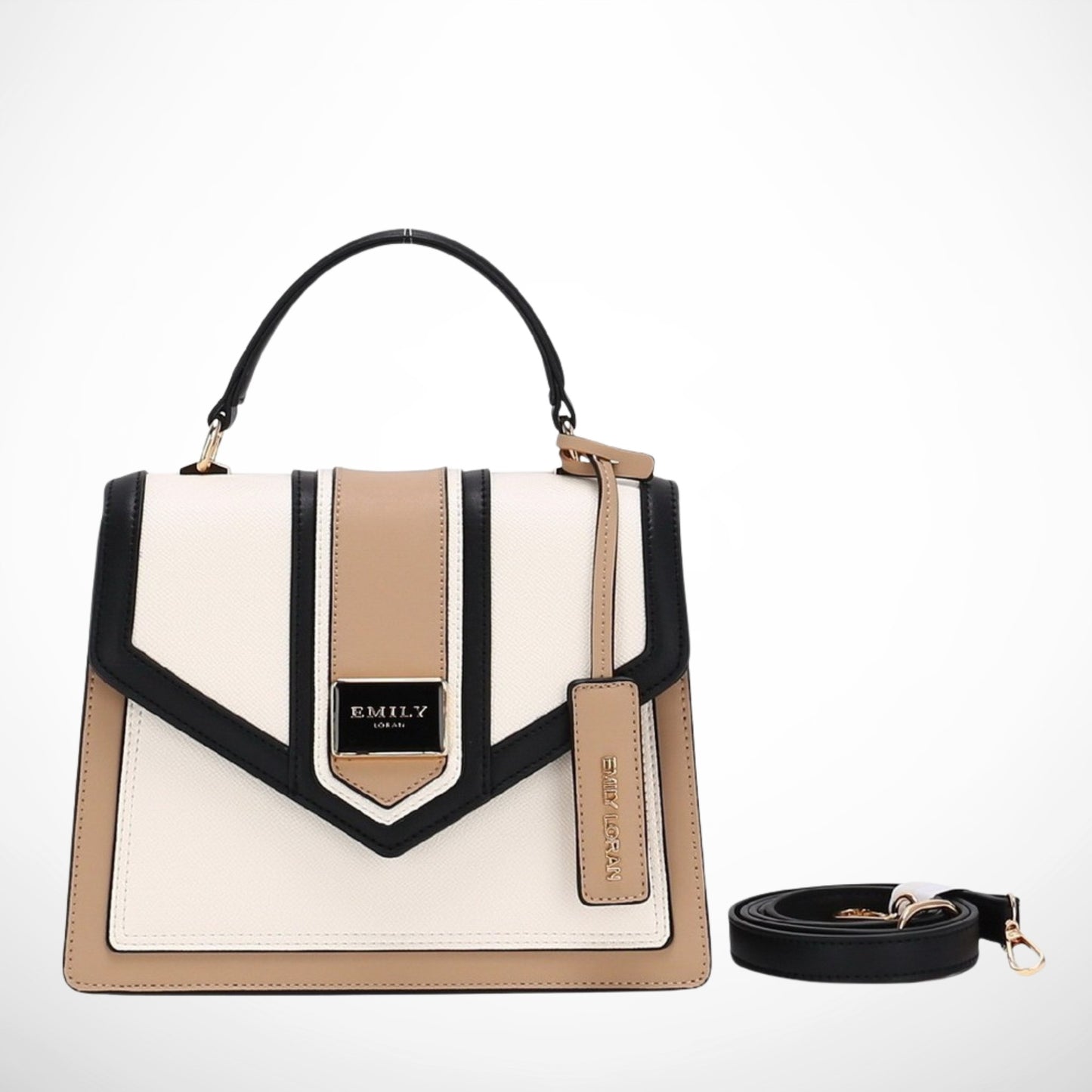 Structured satchel in beige, white & black color‑block. Geometric flap, top handle & detachable strap make this elegant handbag perfect for daily use.