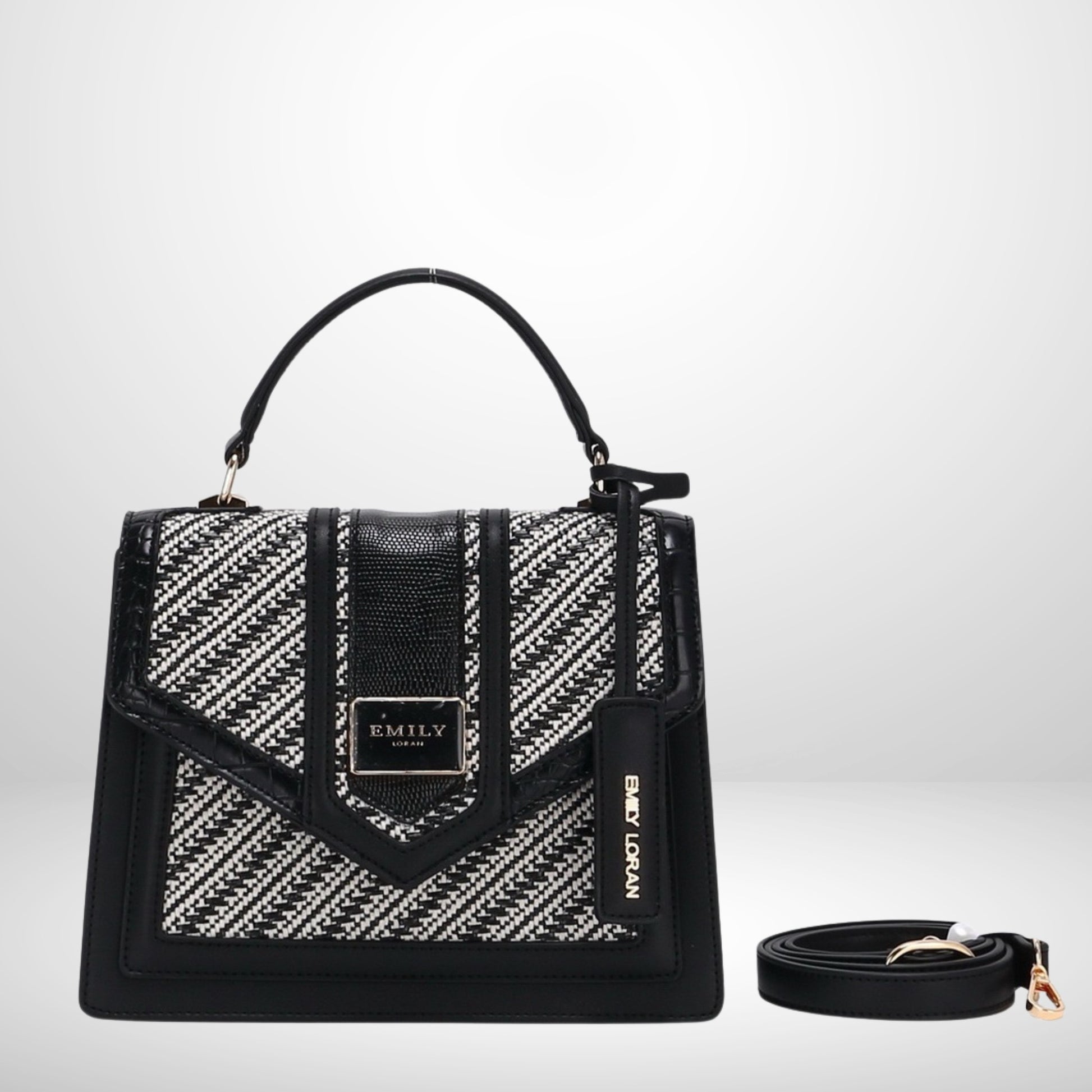 Emily Handbag Satchel with bold geometric design, gold hardware & spacious interior, top handle, magnetic flap, a fashion accessory from InStyle Fashion HK.