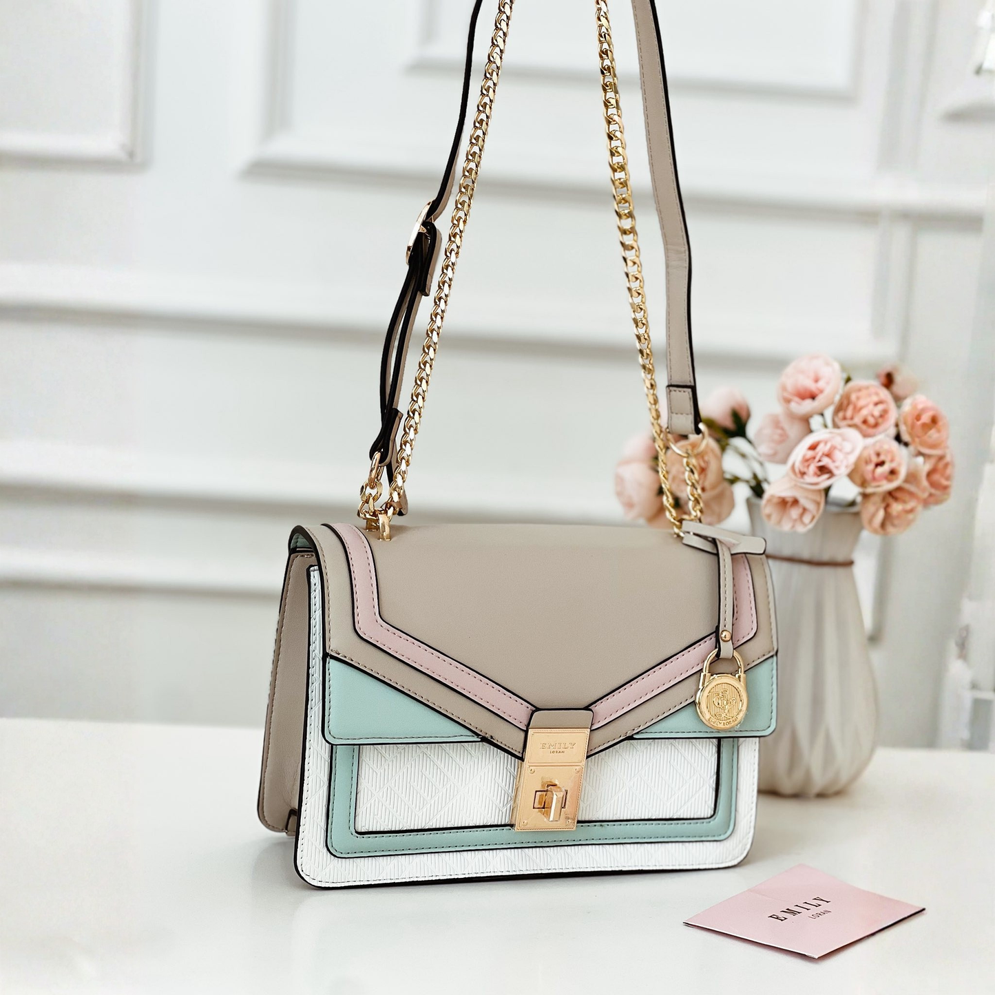 Elegant pastel color-block shoulder bag with gold chain strap. Stylish crossbody purse, perfect for events, gifting & fashion lovers from InStyle Fashion HK.