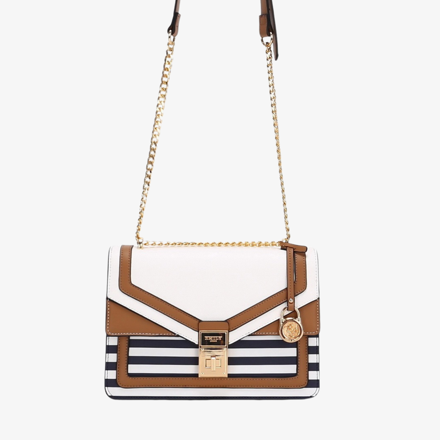 Striped Color-Block Shoulder Bag with Gold Chain Strap