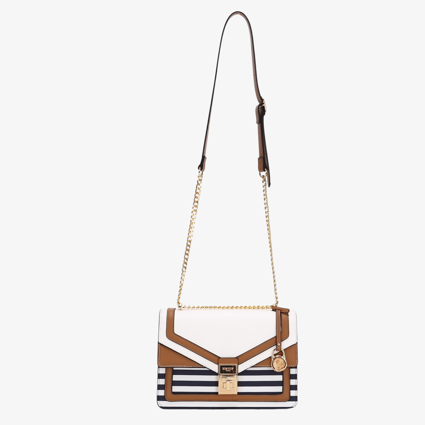 Striped Color-Block Shoulder Bag with Gold Chain Strap