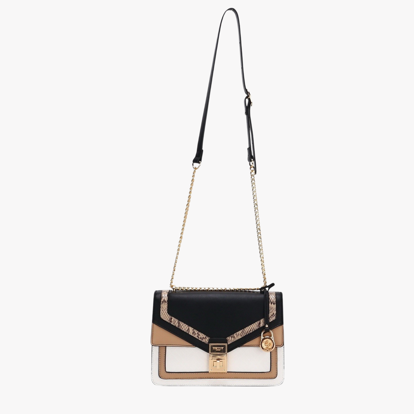 Elegant tan color-block shoulder bag with gold chain strap. Stylish crossbody purse, perfect for events, gifting & fashion lovers from InStyle Fashion HK.