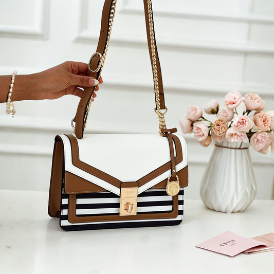 Tan Color-Block Shoulder Bag with Gold Chain Strap