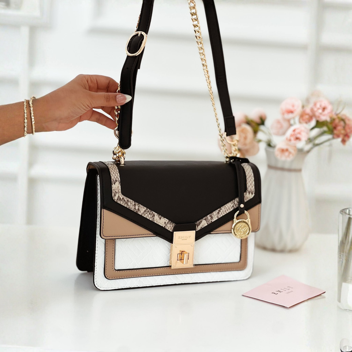 Tan Color-Block Shoulder Bag with Gold Chain Strap