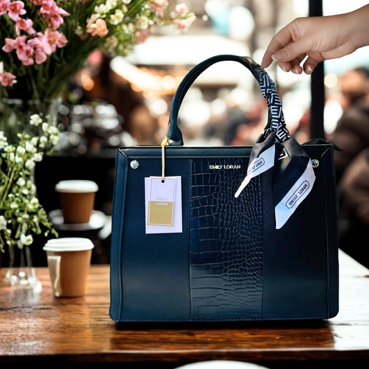 Black tote with mock croc-embossed panel, silk scarf accent & detachable strap. Elegant, spacious, perfect for work or everyday style from InStyle Fashion HK.