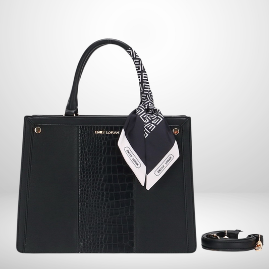 Black tote with mock croc-embossed panel, silk scarf accent & detachable strap. Elegant, spacious, perfect for work or everyday style from InStyle Fashion HK.