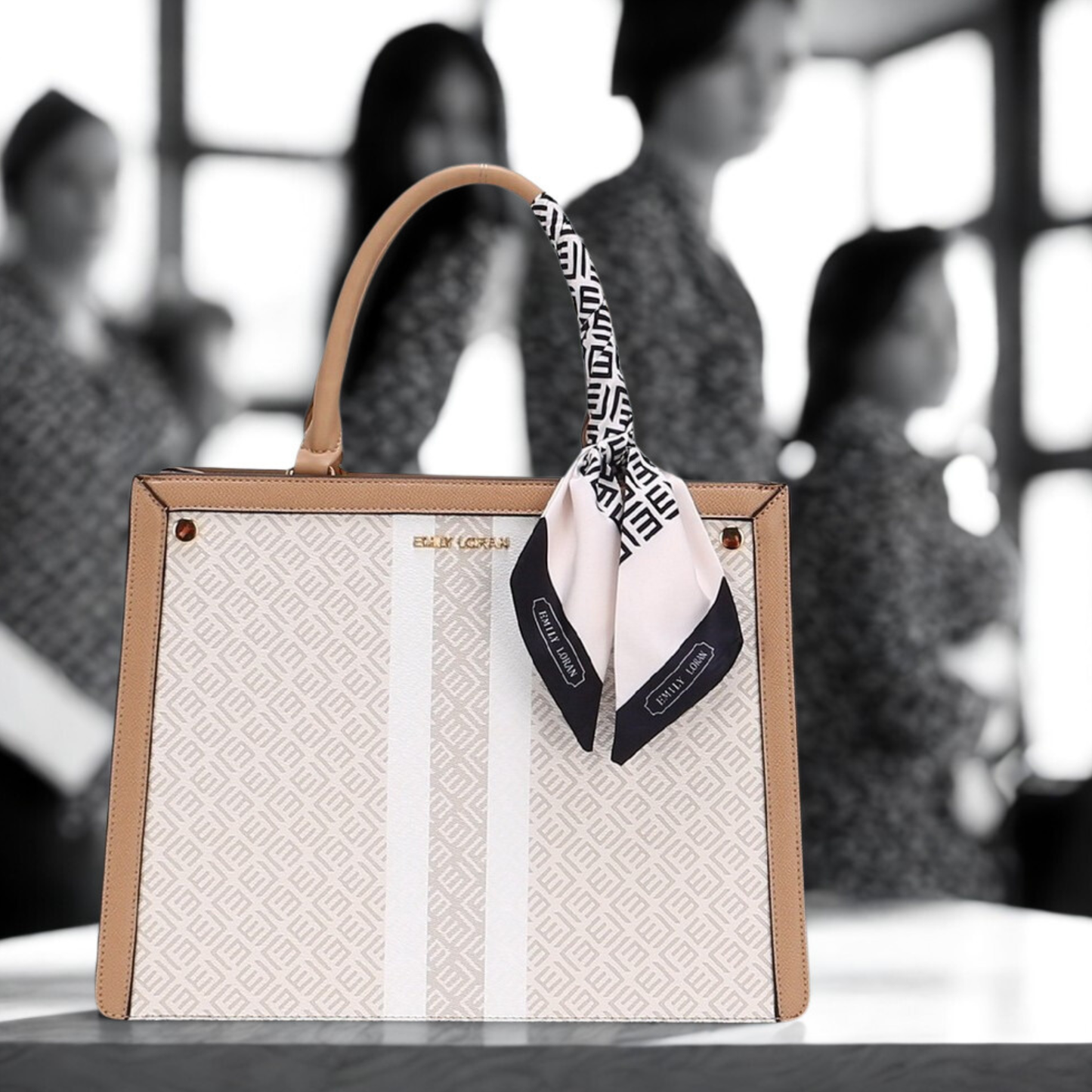 premium beige and tan tote handbag with monogram print, detachable strap, and silk scarf accent