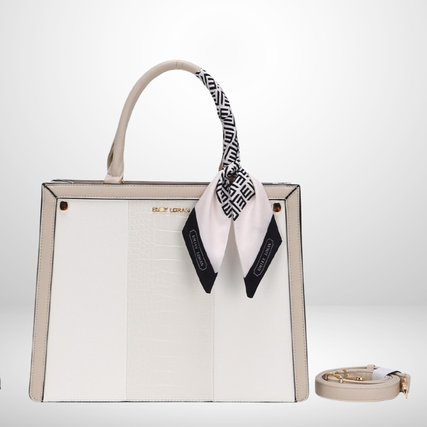 White tote with mock croc-embossed panel, silk scarf accent & detachable strap. Elegant, spacious, perfect for work or everyday style from InStyle Fashion HK.