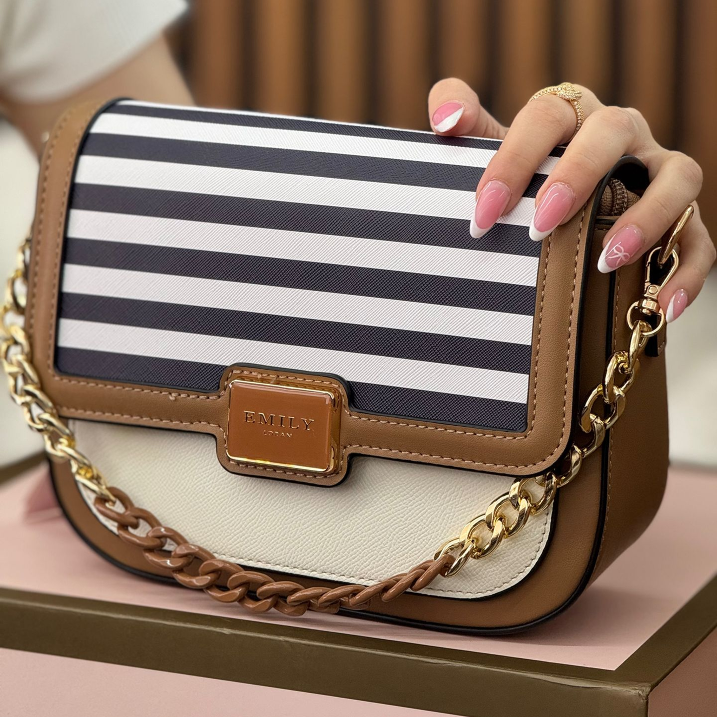 Tan & Stripe Crossbody Bag with Chain Accent