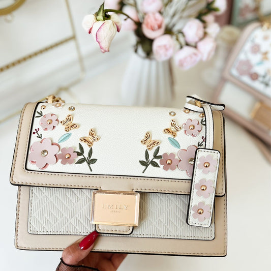 Beige Floral Multi Textured Crossbody Bag with Gold Chain