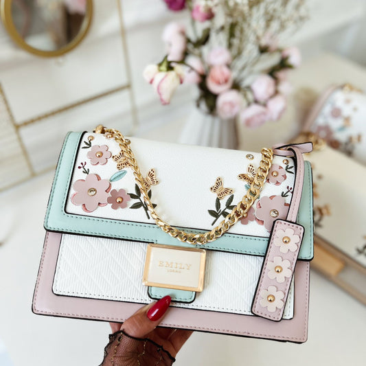 Pastel  Floral Multi Textured Crossbody Bag with Gold Chain