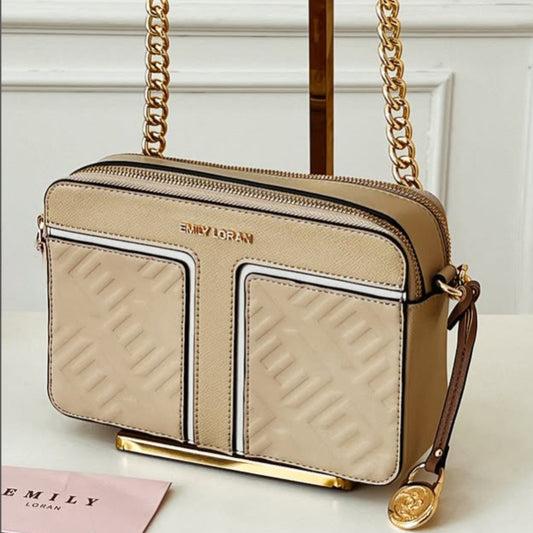Beige Monogram Embossed Camera Crossbody Bag