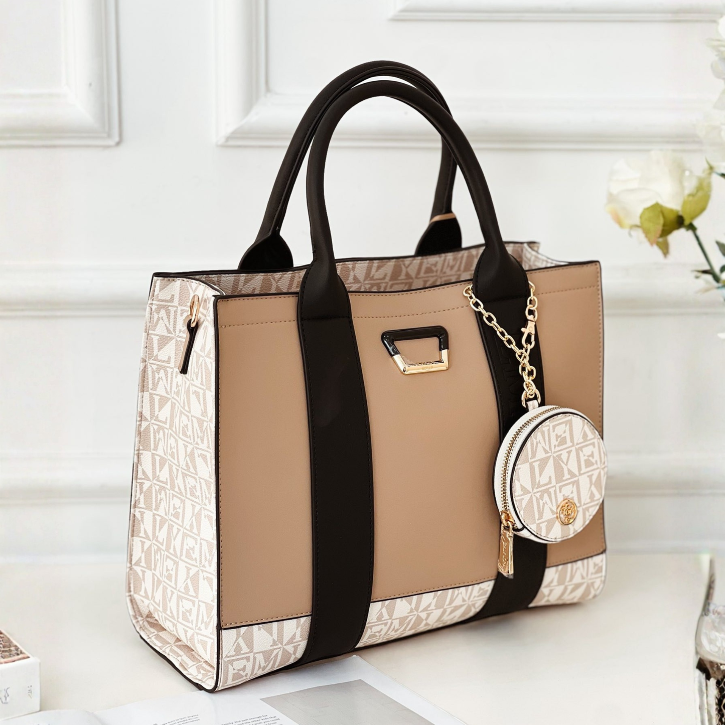 Chic tan multicolour tote with monogram gusset, double handles, zipped purse & adjustable strap for everyday charm and hands-free ease from InStyle Fashion HK.
