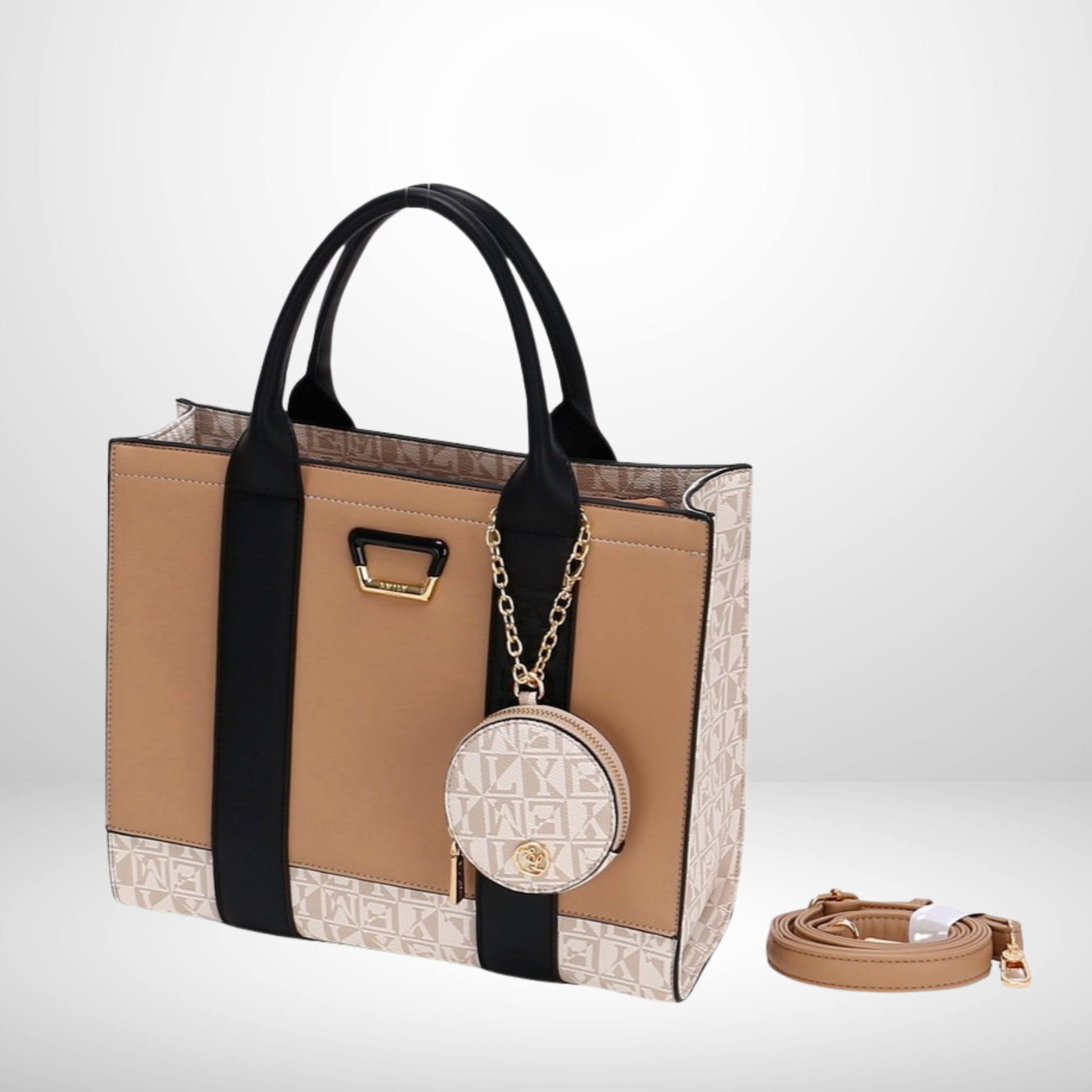 Chic tan multicolour tote with monogram gusset, double handles, zipped purse & adjustable strap for everyday charm and hands-free ease from InStyle Fashion HK.