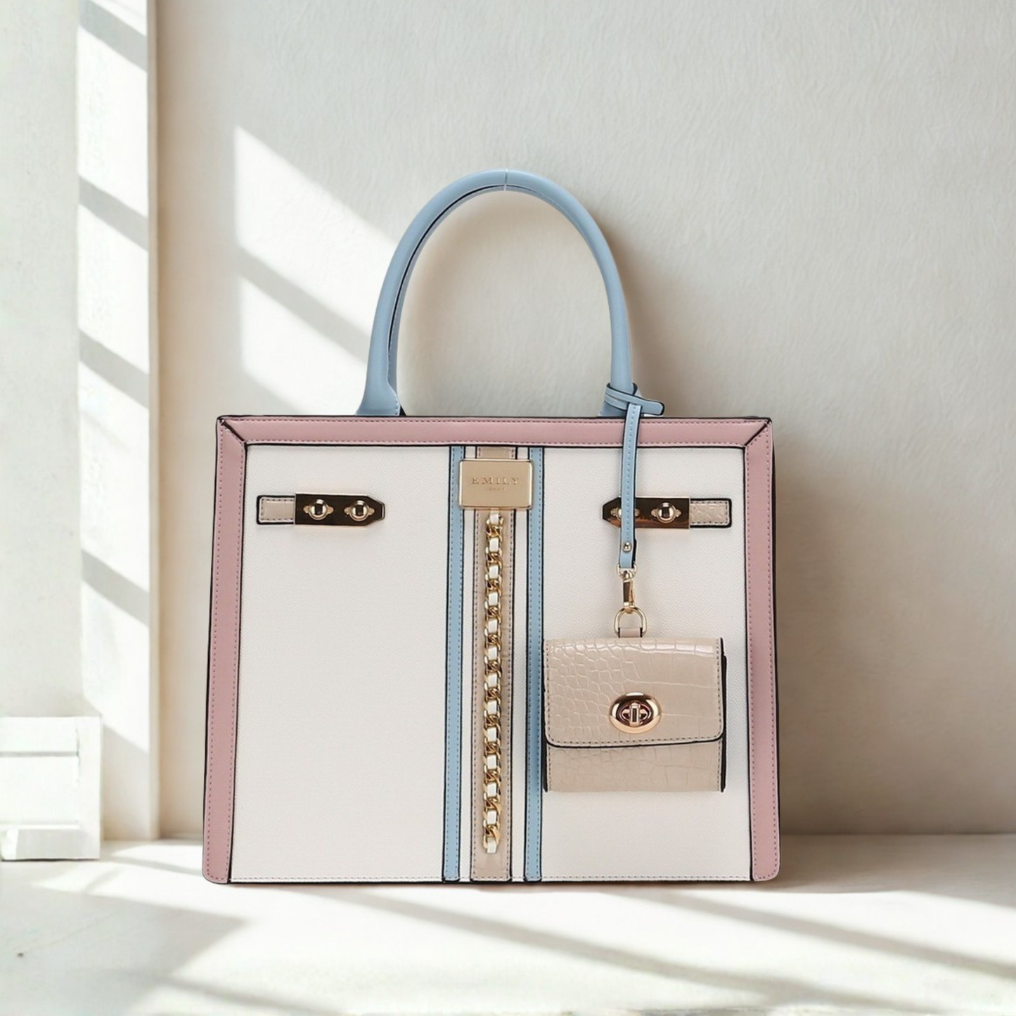 Pastel color-block handbag with gold hardware, detachable pouch & crossbody strap for fashion-forward trendsetters and standout style from InStyle Fashion HK.