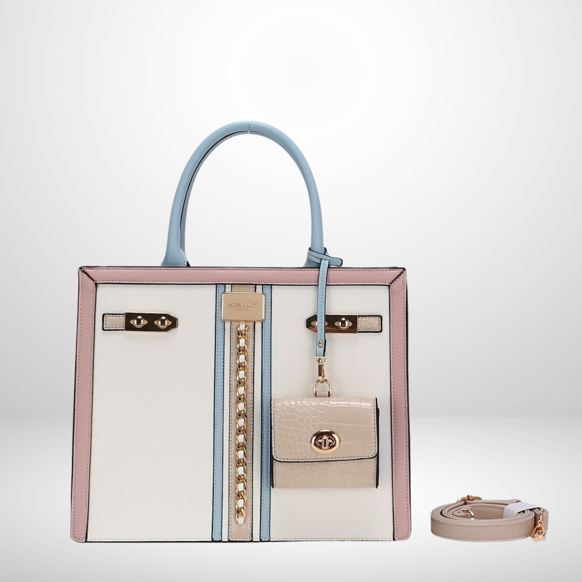 Pastel color-block handbag with gold hardware, detachable pouch & crossbody strap for fashion-forward trendsetters and standout style from InStyle Fashion HK.