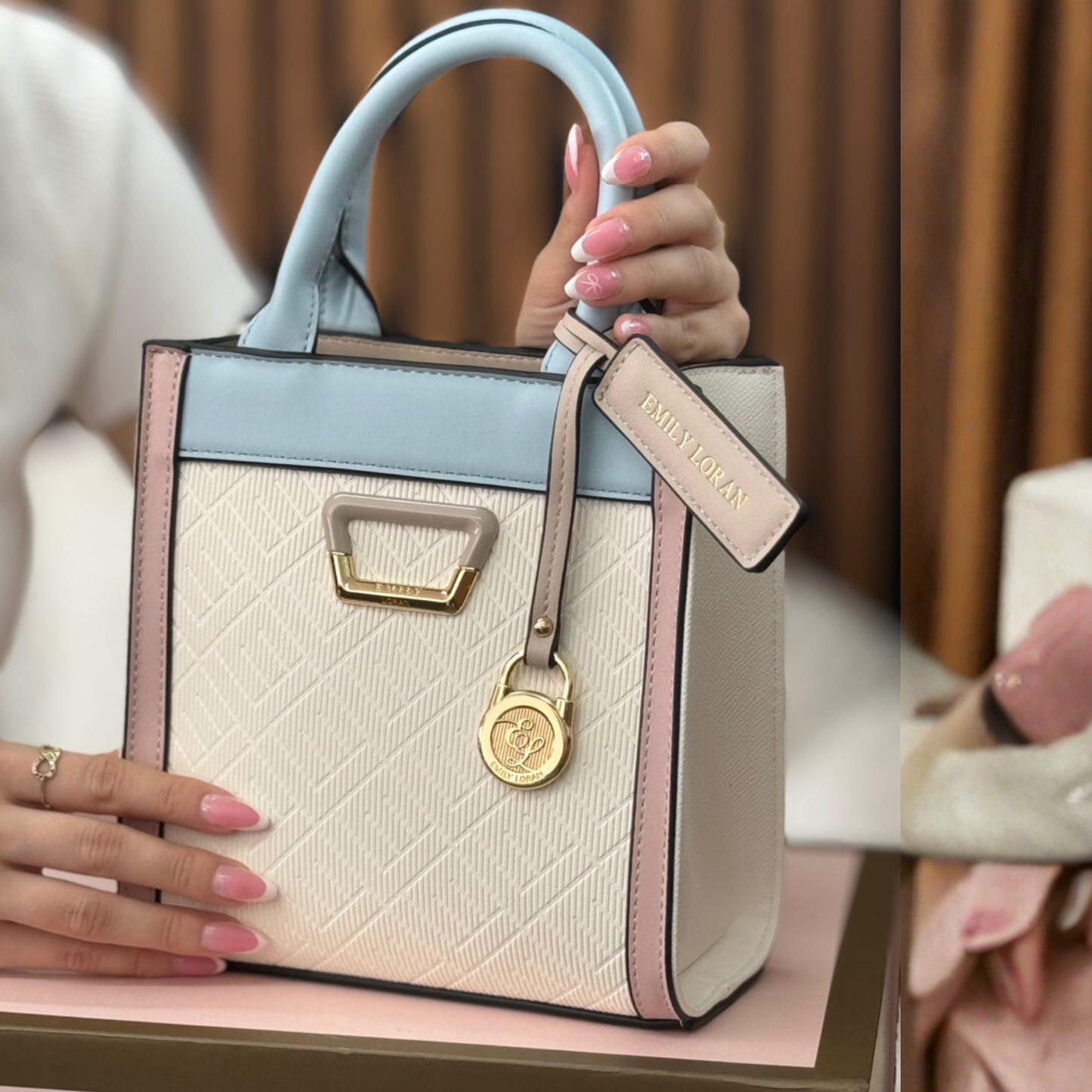 Shop the Emily Signature Mini Tote—elegant handbag with luxe leather-look trim, gold accents, and dual top handles and additional long strap.