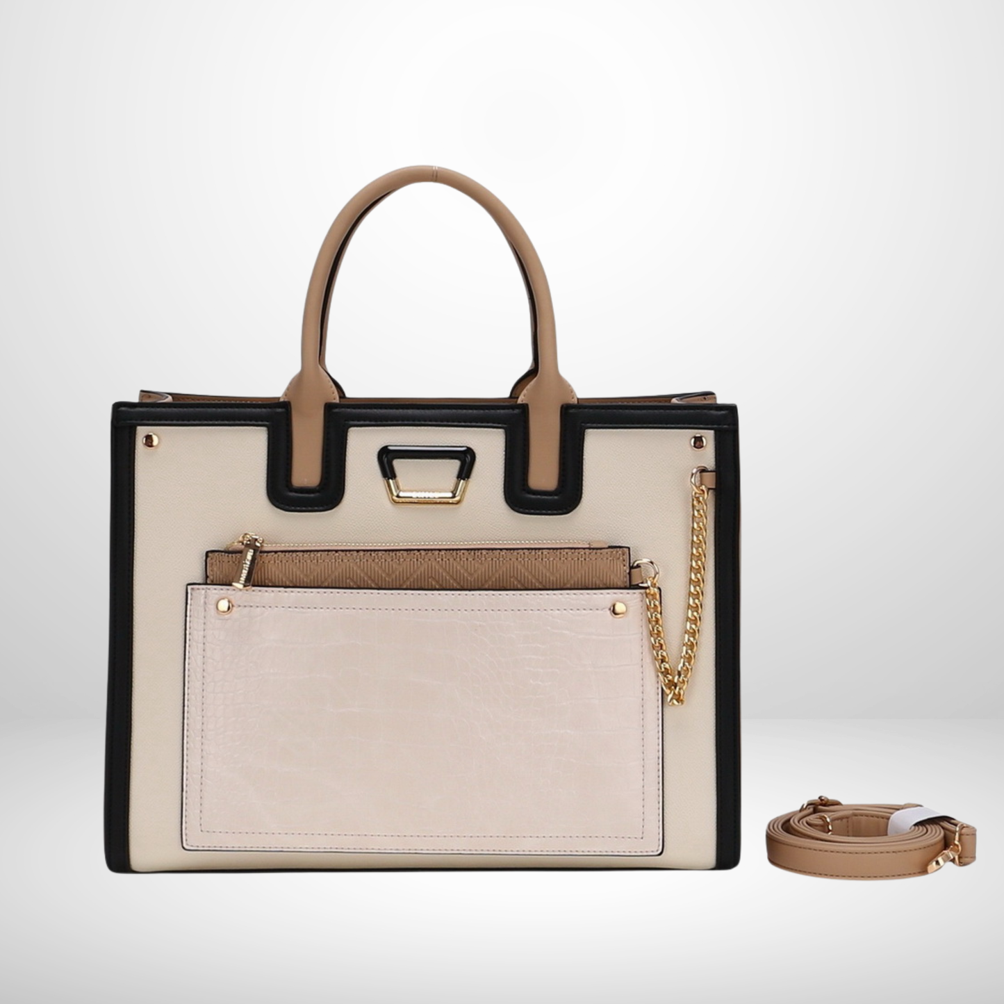 Elegant large tote with zip-top closure, double handles, detachable strap & gold hardware—spacious, stylish, and perfect for work or play.