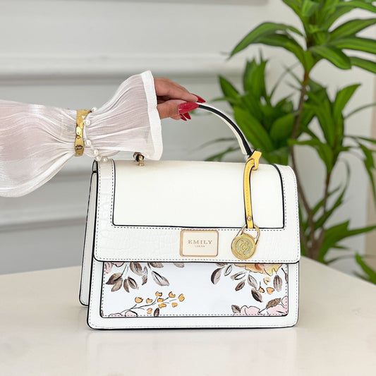 White Floral Top Handle Satchel
