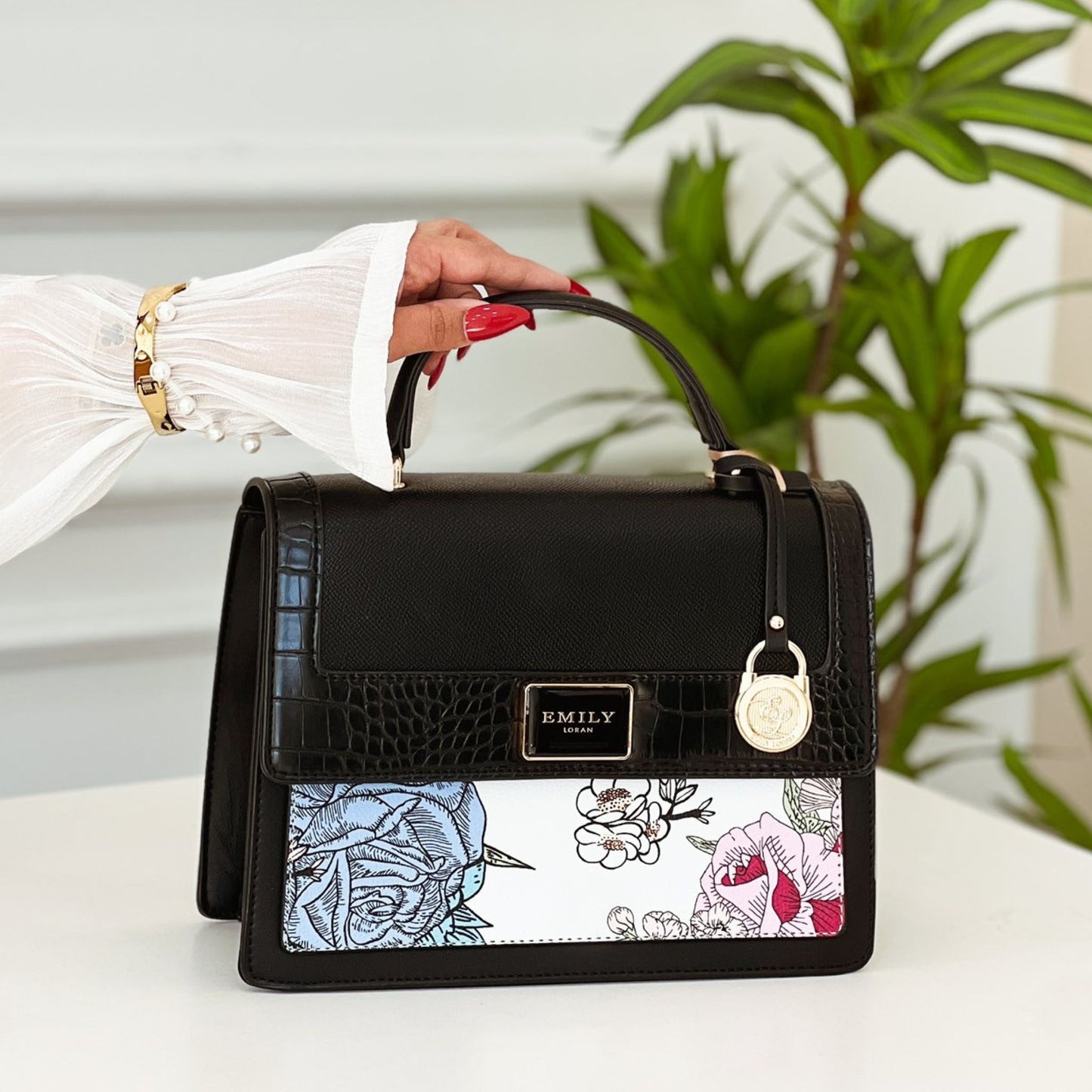 Black Floral Top Handle Satchel
