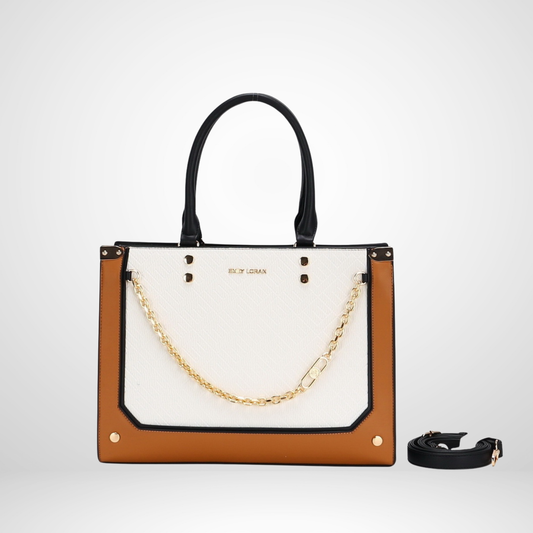 Tan Multicolour Double Handle Tote with Chain Accent