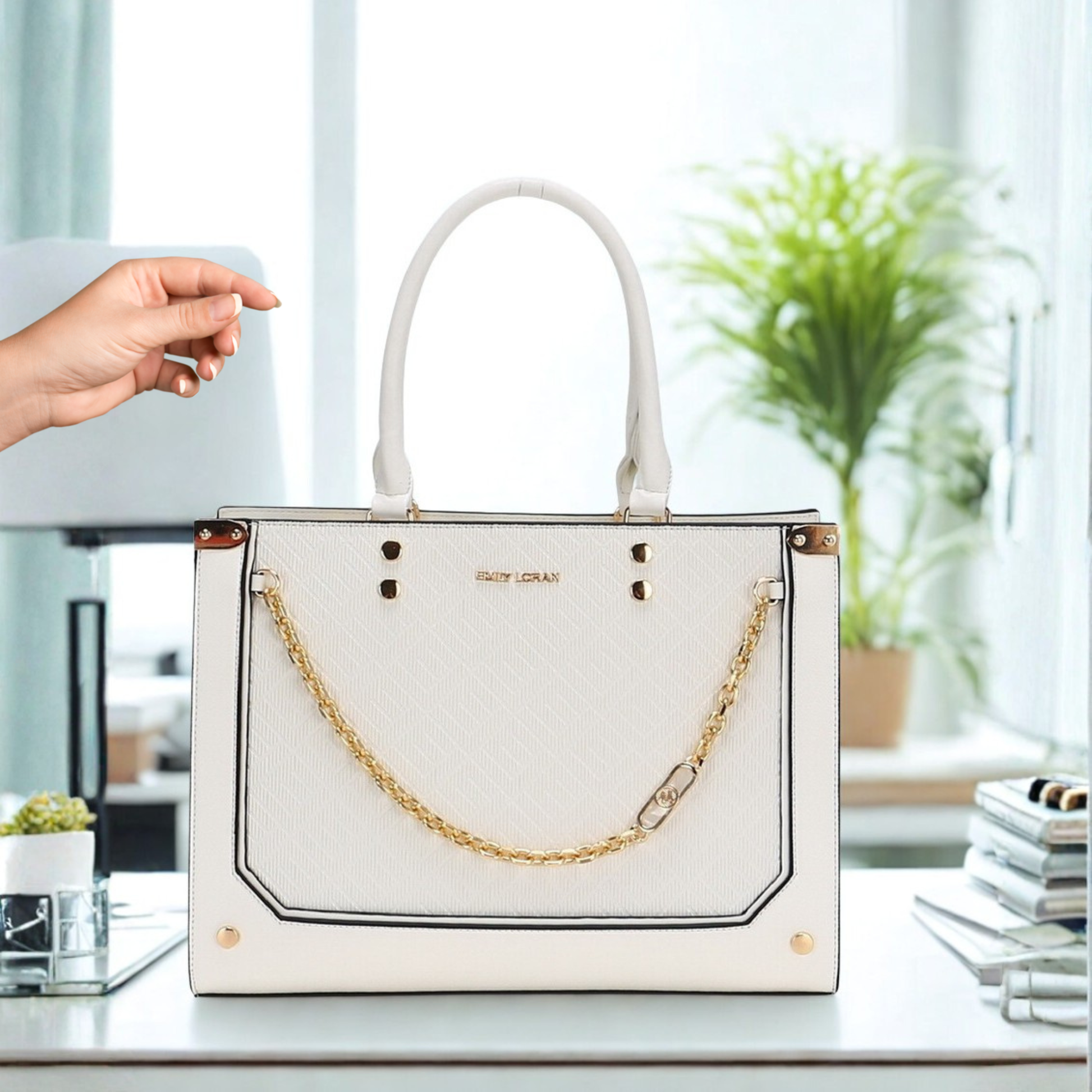 Chic large tote with double handles, zip-top closure, detachable strap & gold chain accent, perfect for everyday elegance, available from InStyle Fashion HK.