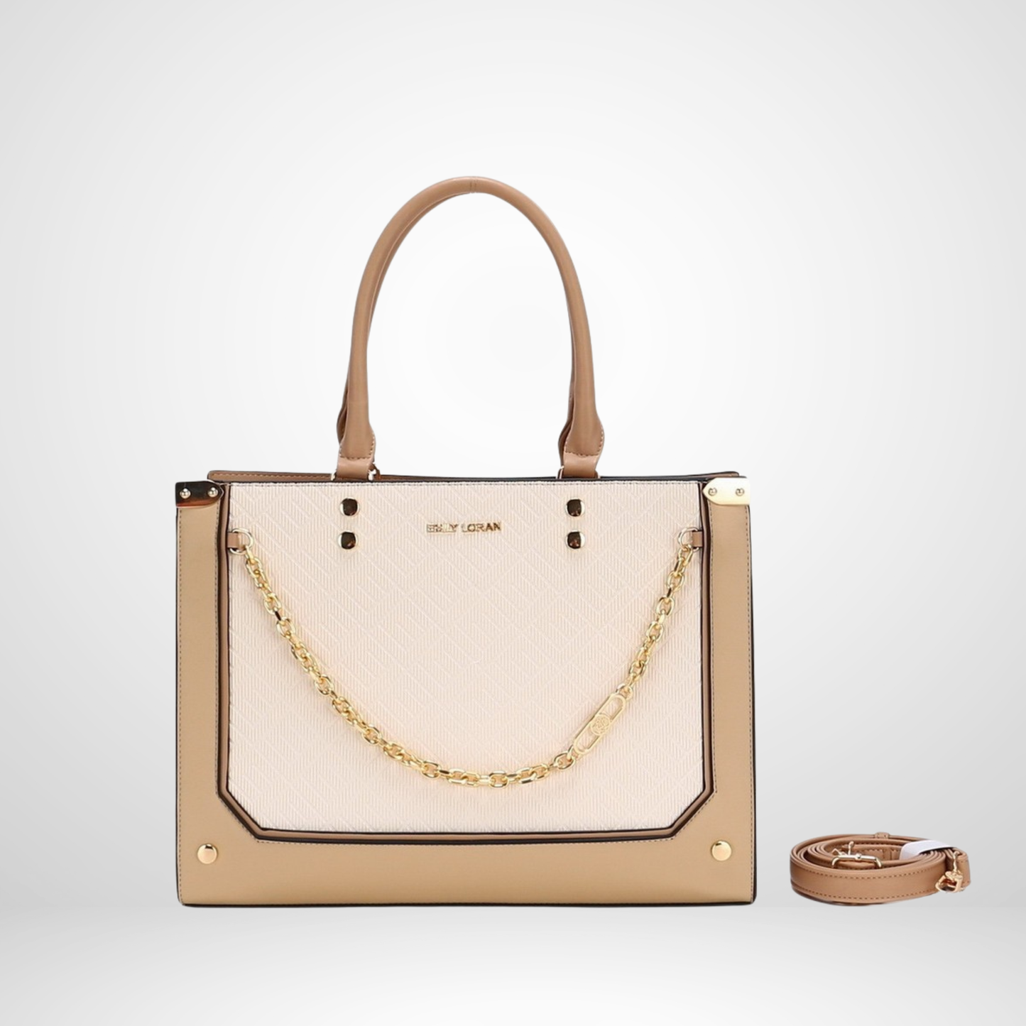 Beige Double Handle Tote with Chain Accent