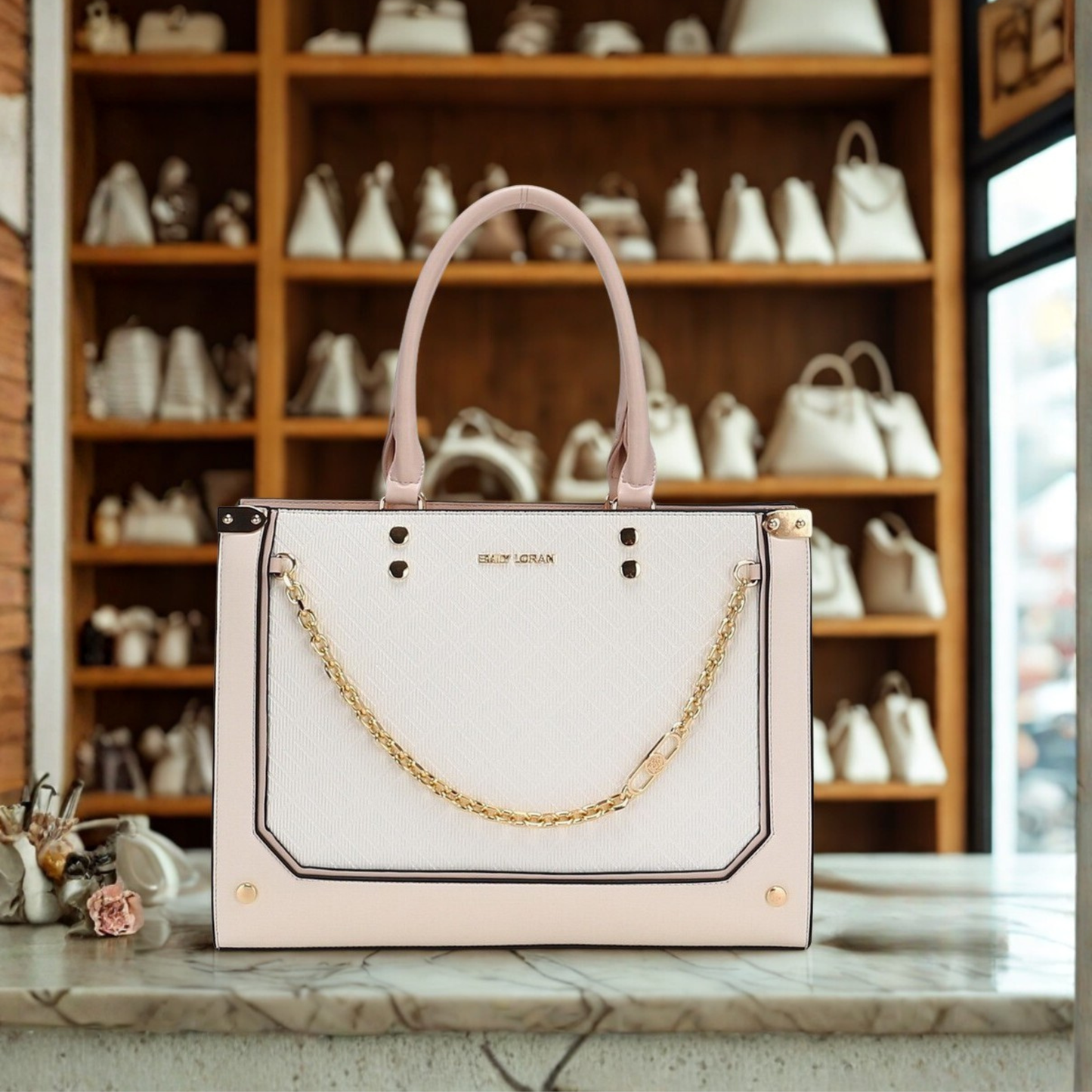 Pink Double Handle Tote with Chain Accent