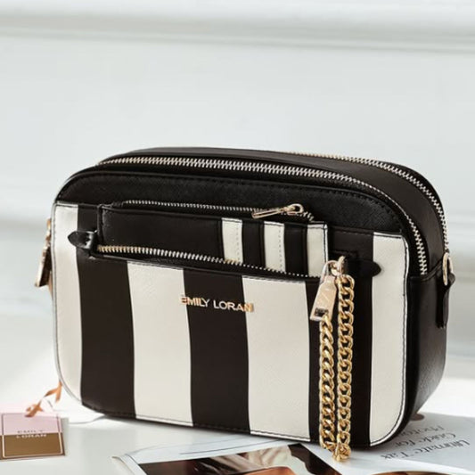 Black Striped Camera Crossbody Bag with matching Cardholder
