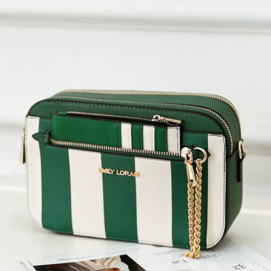 Green Striped Camera Crossbody Bag with matching Cardholder