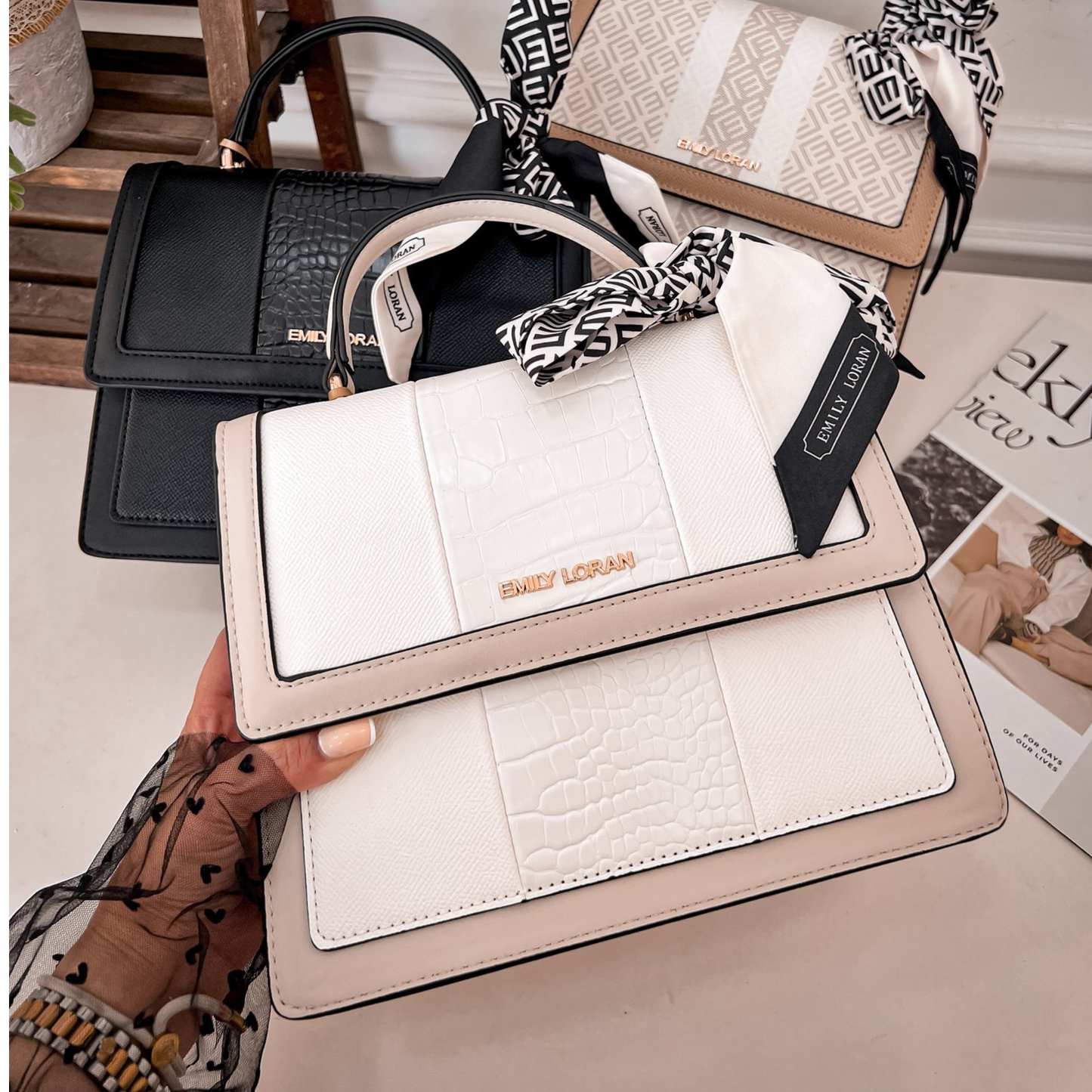 Elevate your style with a chic satchel bag featuring mock‑croc detail, silk scarf accent, and a crossbody strap—perfect for work, travel, and everyday elegance.