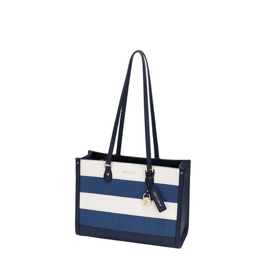 Navy Striped Textured Tote Bag with Zip Closure