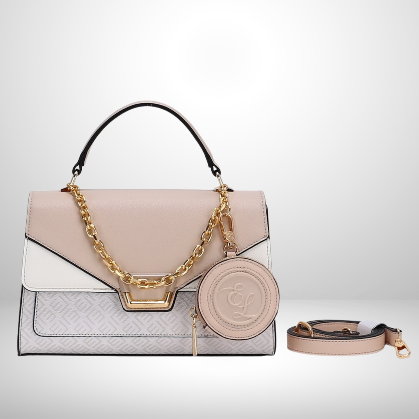 Beige Top Handle Handbag with Gold Chain Accent