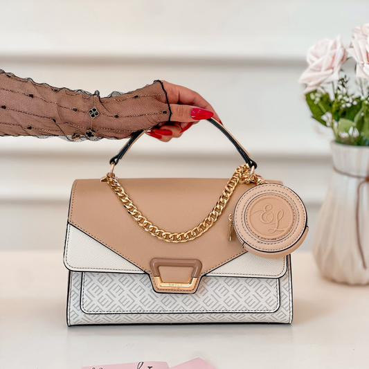 Nude White Handbag with Gold Chain Accent