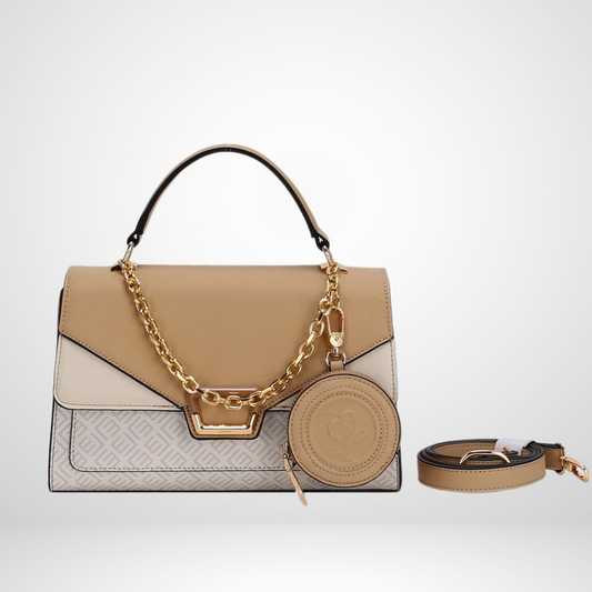 Beige Top Handle Handbag with Gold Chain Accent