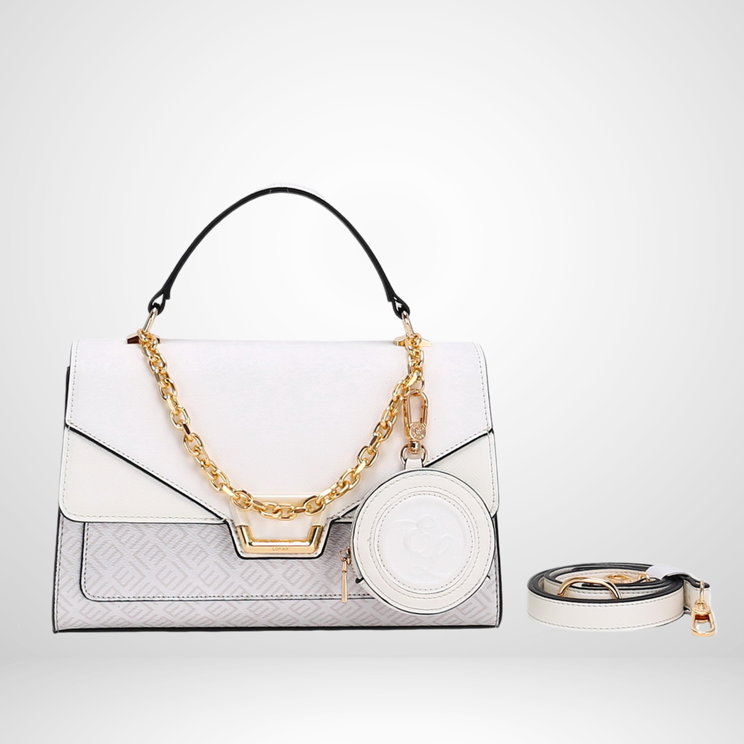 White Top Handle Handbag with Gold Chain Accent