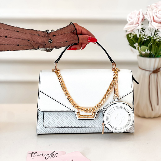 White Top Handle Handbag with Gold Chain Accent